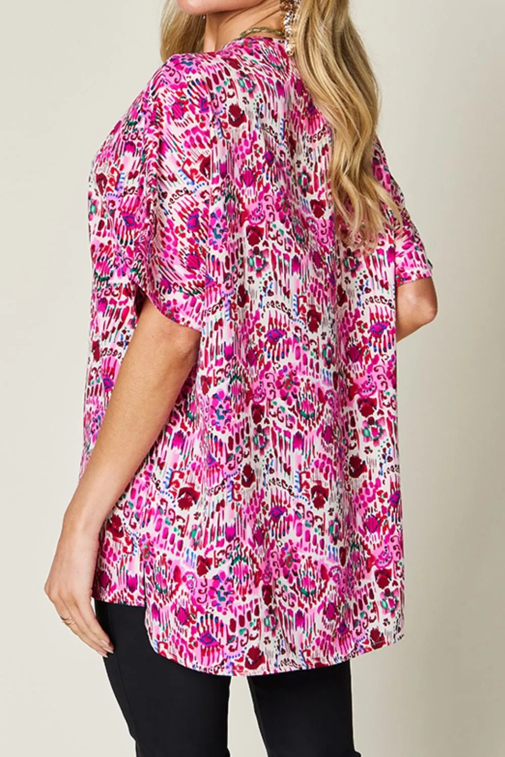Double Take Full Size Printed V-Neck Short Sleeve Blouse - -