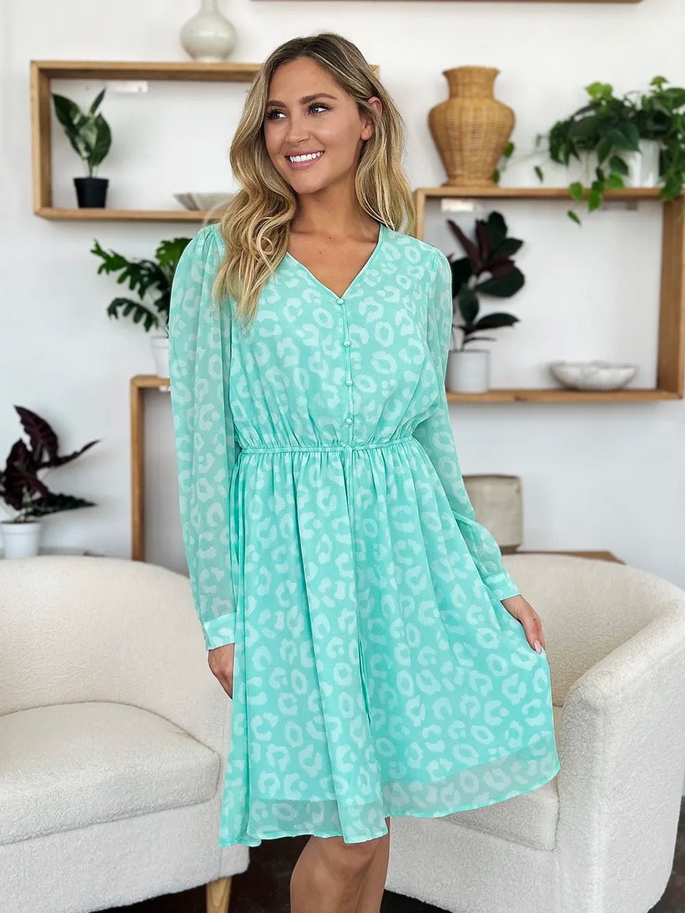 Double Take Full Size Printed Ruched V - Neck Long Sleeve Dress – | Shannon’s Chique Boutique