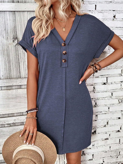 Quarter Button V-Neck Short Sleeve Dress - Dark Blue -