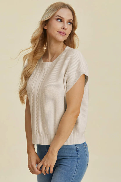 Double Take Full Size Cable-Knit Round Neck Short Sleeve Sweater - -