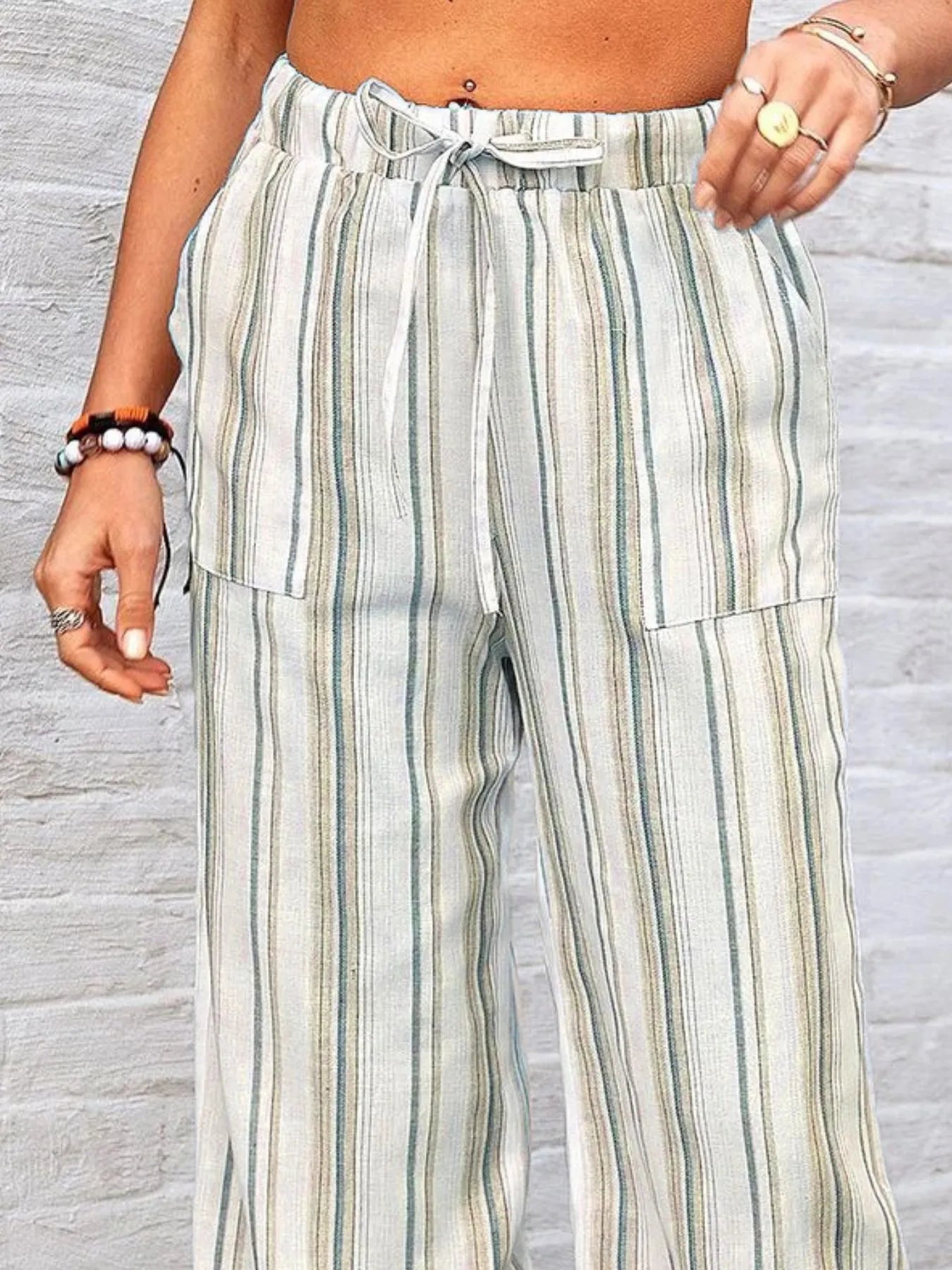 Full Size Striped Wide Leg Pants Plus Size - -