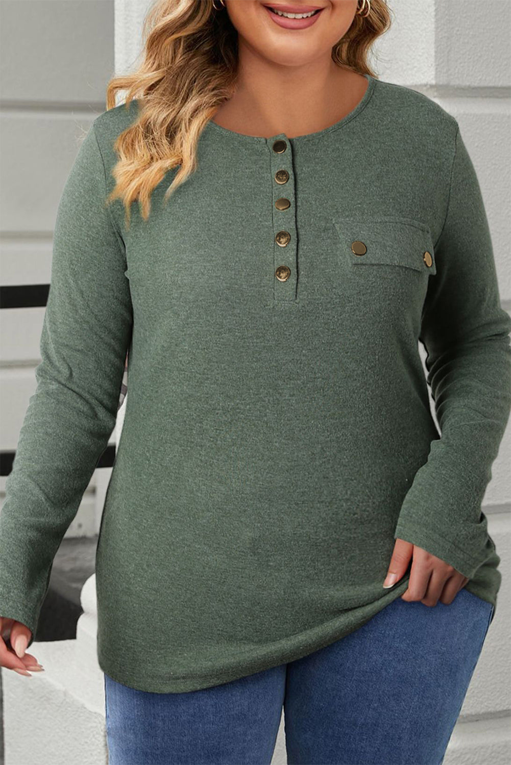 Plus Size Half Snap Long Sleeve T-Shirt - Sage -