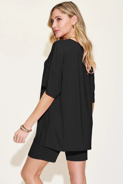 Basic Bae Bamboo Full Size V-Neck Drop Shoulder T-Shirt and Shorts Set - -