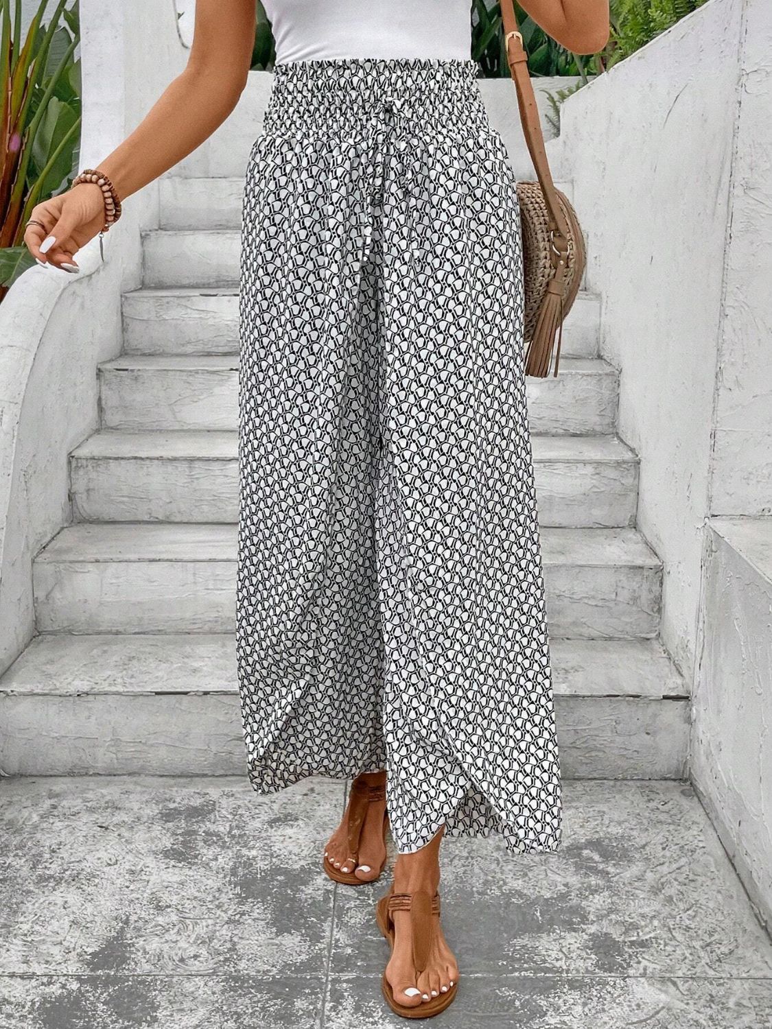 Tied Printed Wide Leg Pants - White -