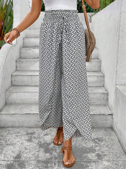 Tied Printed Wide Leg Pants - White -