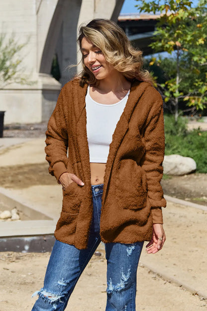 Full Size Teddy Hooded Jacket with Pockets - Caramel -