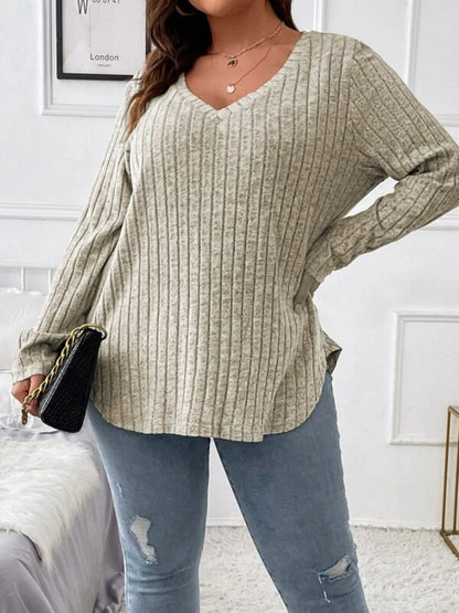 Plus Size V-Neck Long Sleeve T-Shirt - -