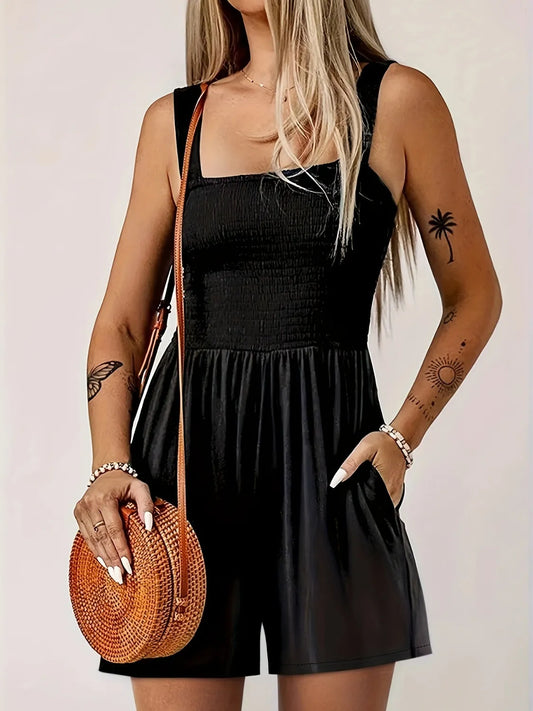 Full Size Smocked Wide Strap Romper Plus Size - Black -