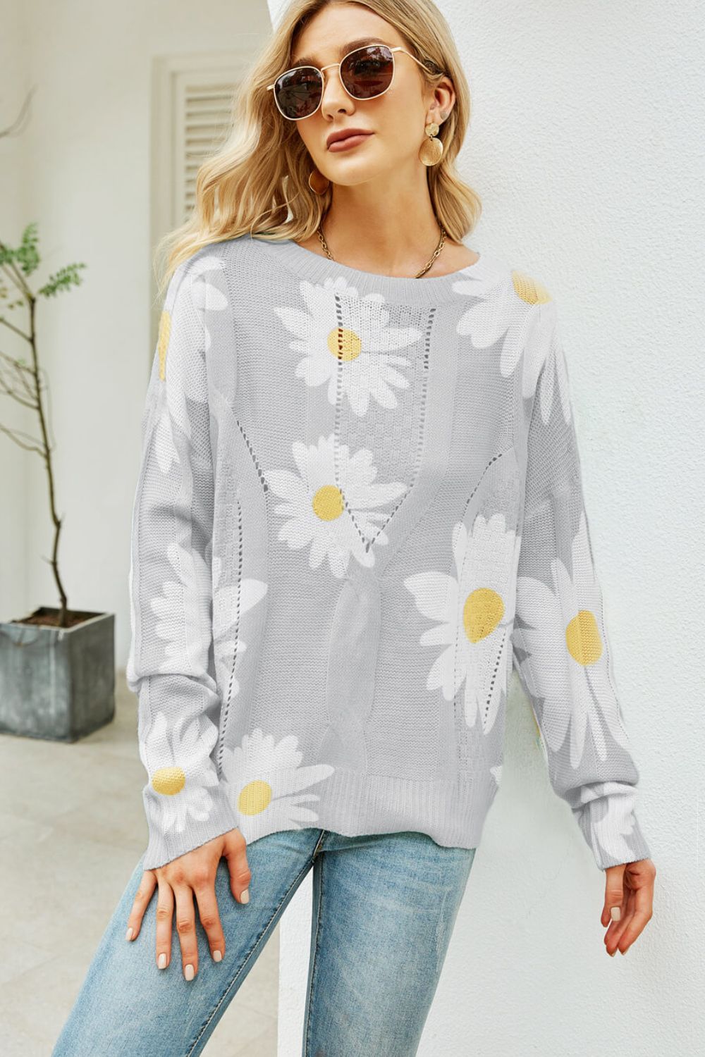 Angel Wings Daisy Print Openwork Round Neck Sweater - -