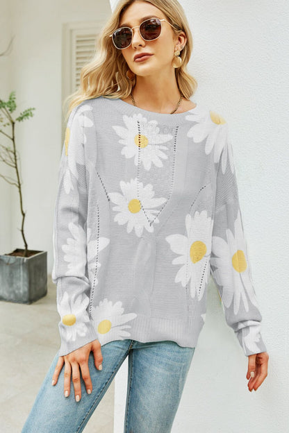 Angel Wings Daisy Print Openwork Round Neck Sweater - -