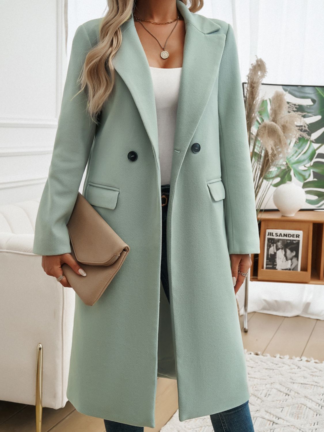 Devine Pocketed Collared Neck Long Sleeve Coat - -