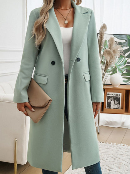 Devine Pocketed Collared Neck Long Sleeve Coat - -