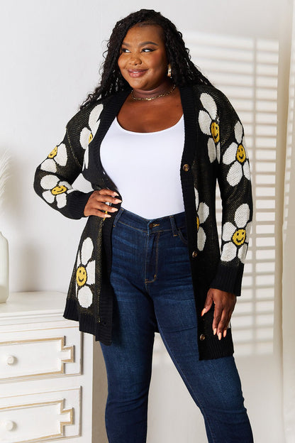Perfee Floral Button Down Longline Cardigan - -
