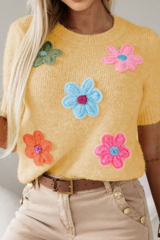 Flower Round Neck Short Sleeve Sweater - -