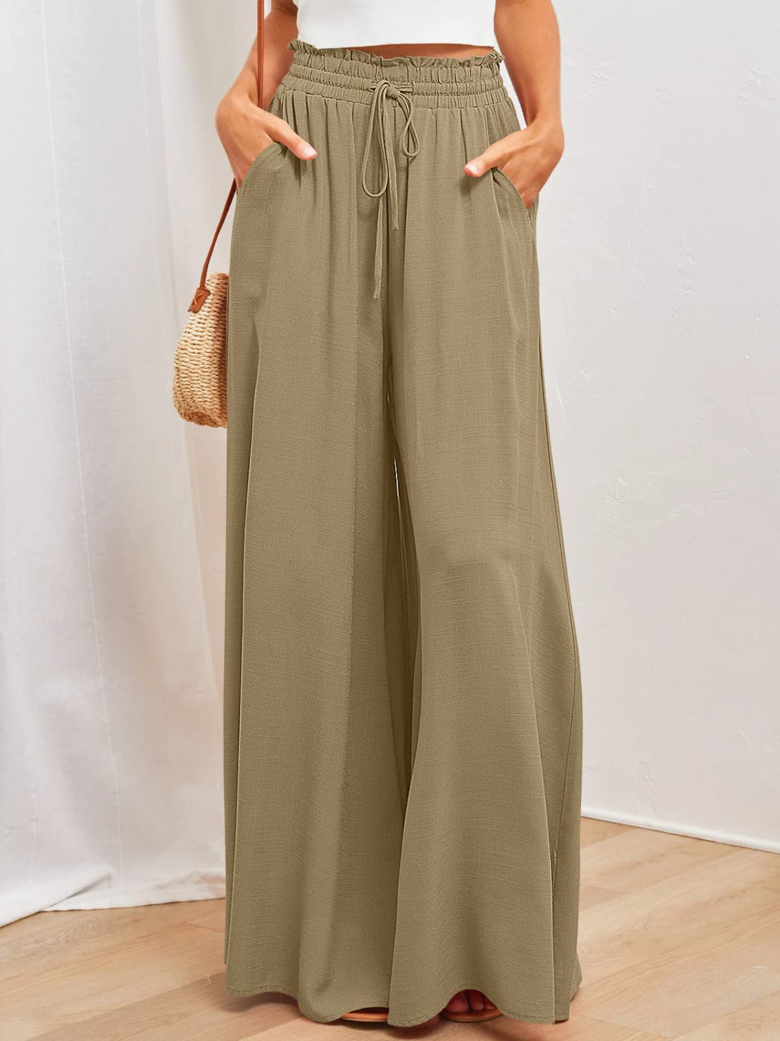 Wide Leg Pants with Pockets - -