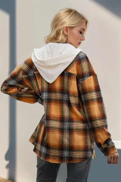 Double Take Drawstring Plaid Long Sleeve Hooded Shacket – | Shannon’s Chique Boutique