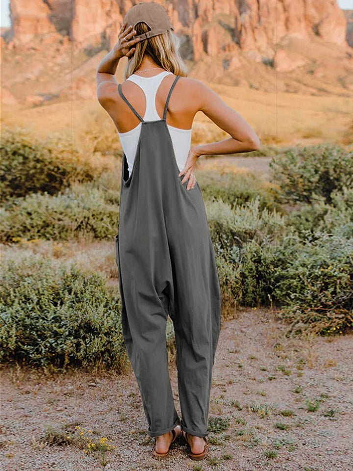 Double Take Full Size Pocketed V-Neck Jumpsuit – Plus Size, Relaxed Fit, Travel Ready - -