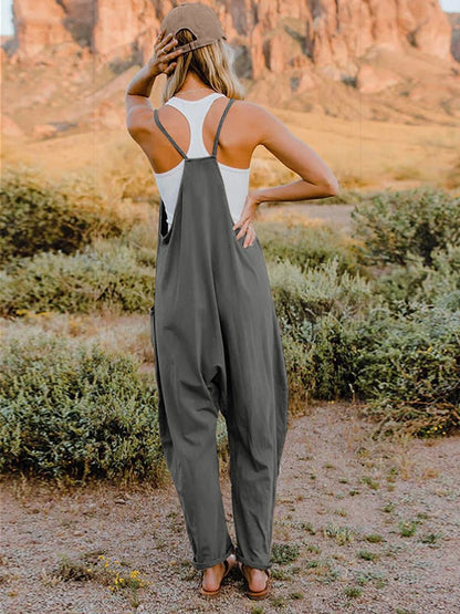 Double Take Full Size Pocketed V-Neck Jumpsuit – Plus Size, Relaxed Fit, Travel Ready - -