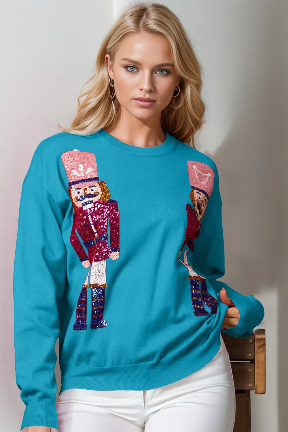 Double Take Full Size Nutcracker Sequin Long Sleeve Sweater - Cerulean -