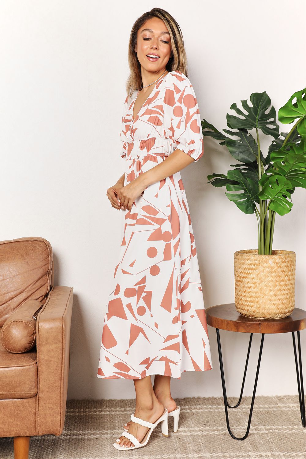 Printed Surplice Balloon Sleeve Dress - -