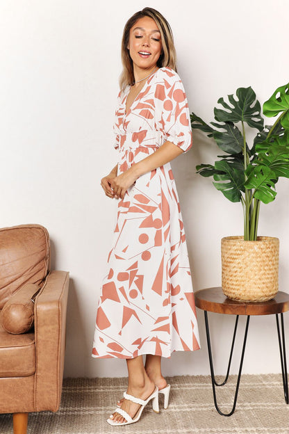 Printed Surplice Balloon Sleeve Dress - -