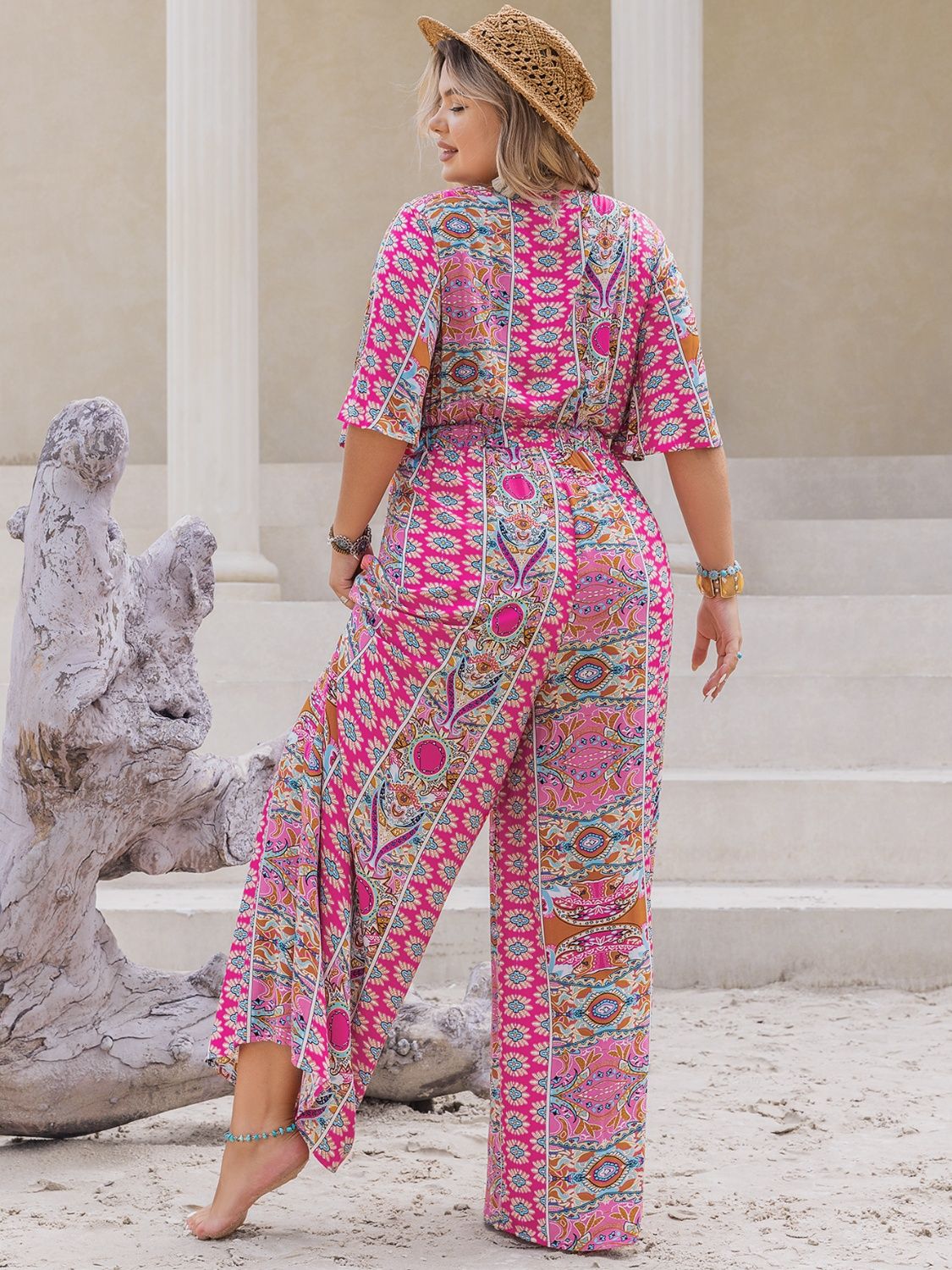 Plus Size Printed Half Sleeve Wide Leg Jumpsuit - -