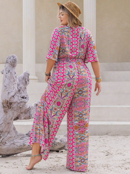 Plus Size Printed Half Sleeve Wide Leg Jumpsuit - -
