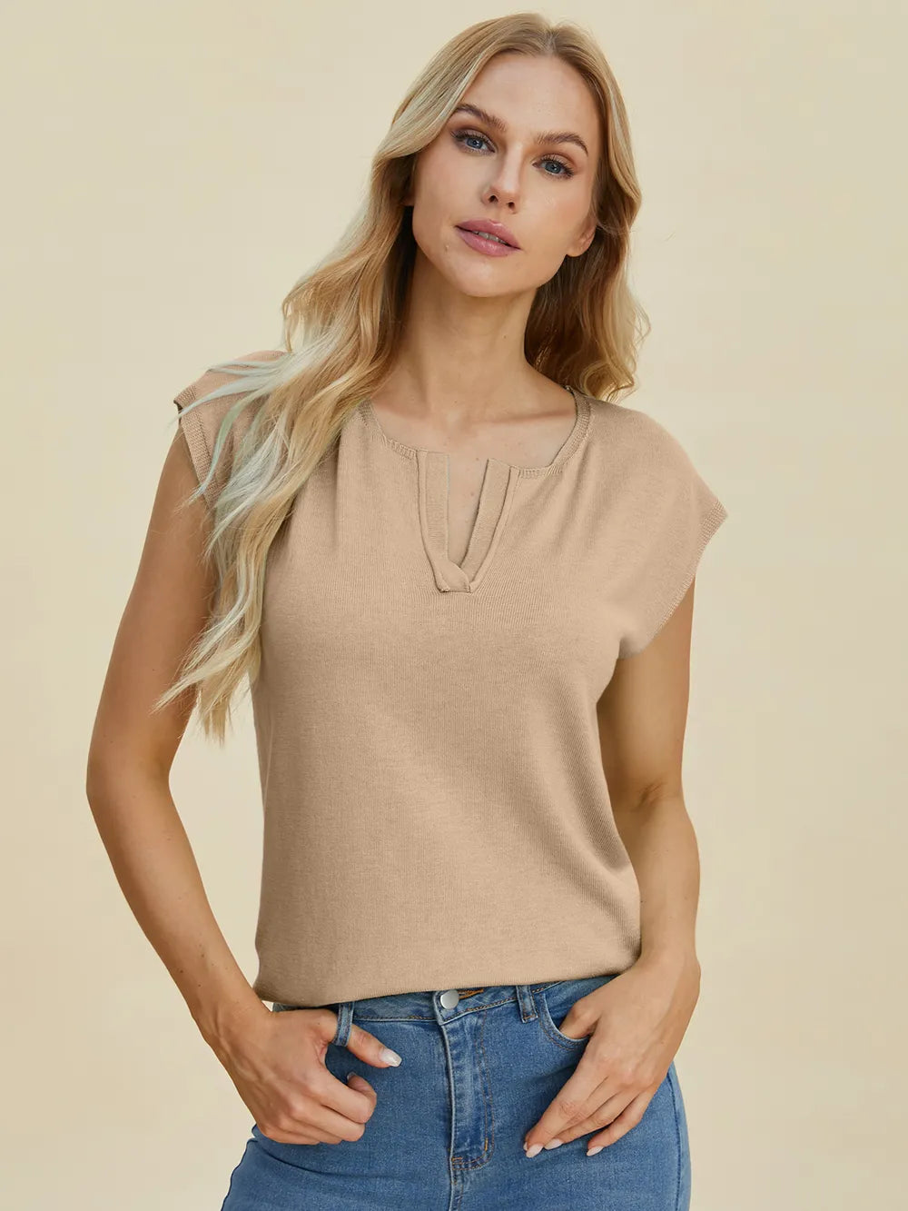 Double Take Full Size Notched Cap Sleeve Knit Top – | Shannon’s Chique Boutique