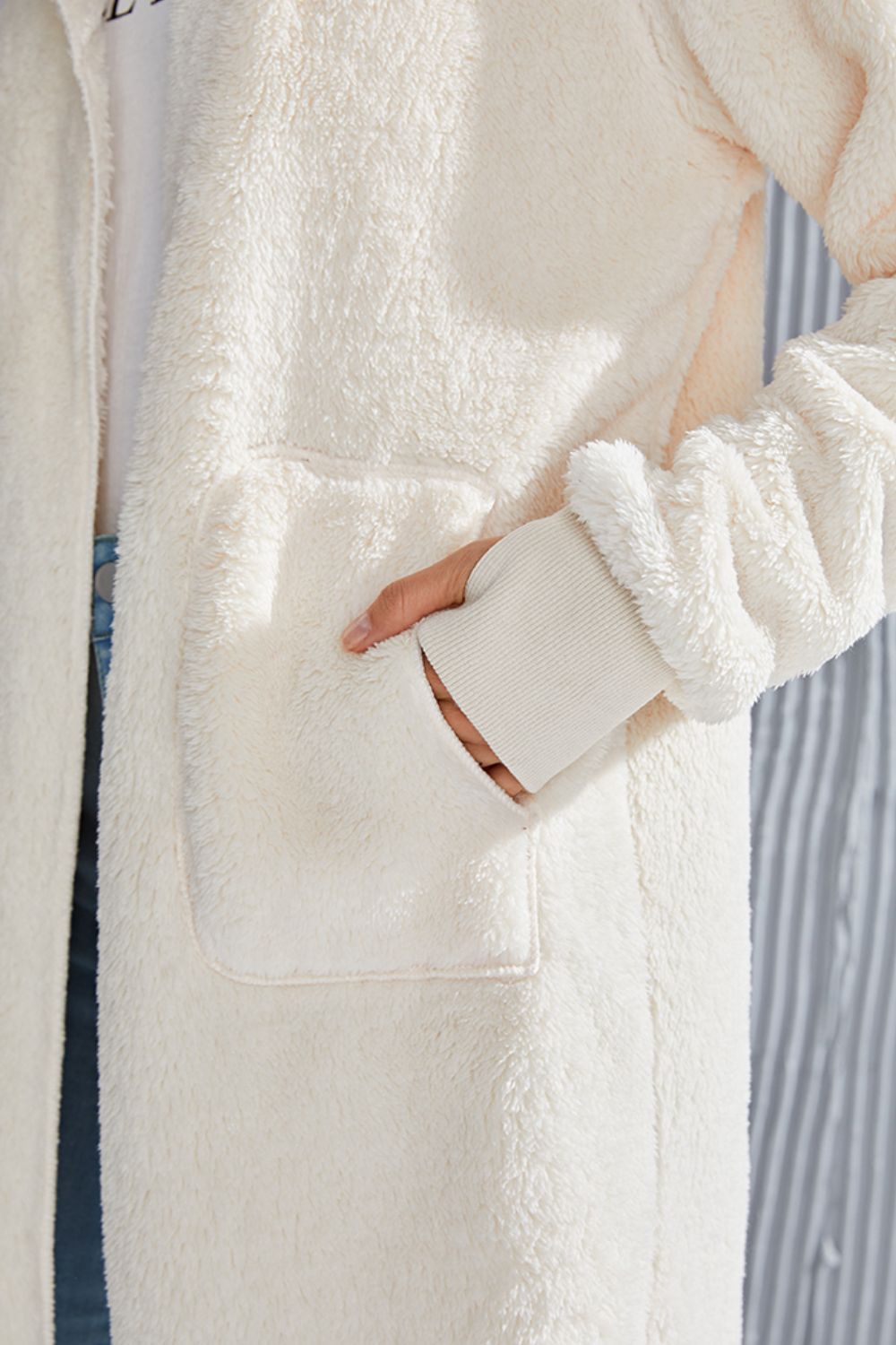 Double Take Full Size Hooded Teddy Bear Jacket with Thumbholes - -