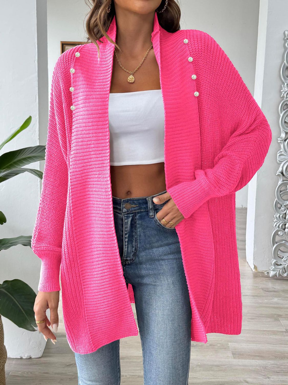 Open Front Long Sleeve Cardigan - Strawberry One Size -