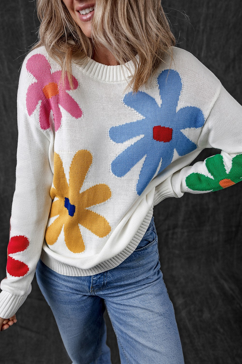 Flower Round Neck Dropped Shoulder Sweater