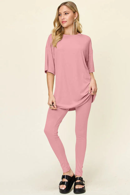Double Take Full Size Round Neck Dropped Shoulder T-Shirt and Leggings Set - Dusty Pink -