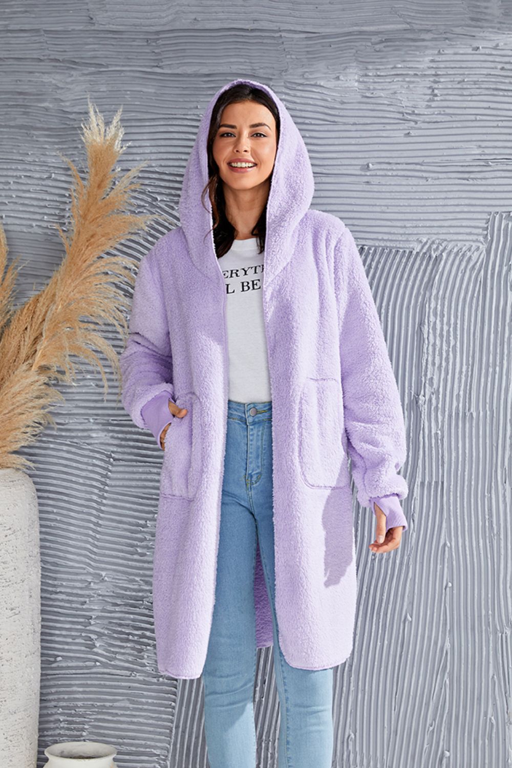 Double Take Full Size Hooded Teddy Bear Jacket with Thumbholes - -