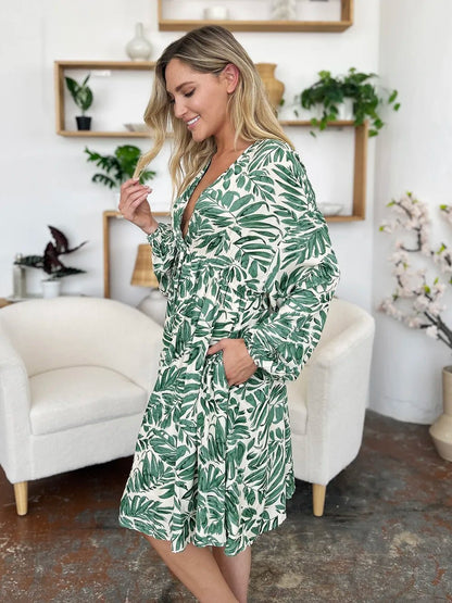 Double Take Full Size Printed Ruched Balloon Sleeve Dress – | Shannon’s Chique Boutique