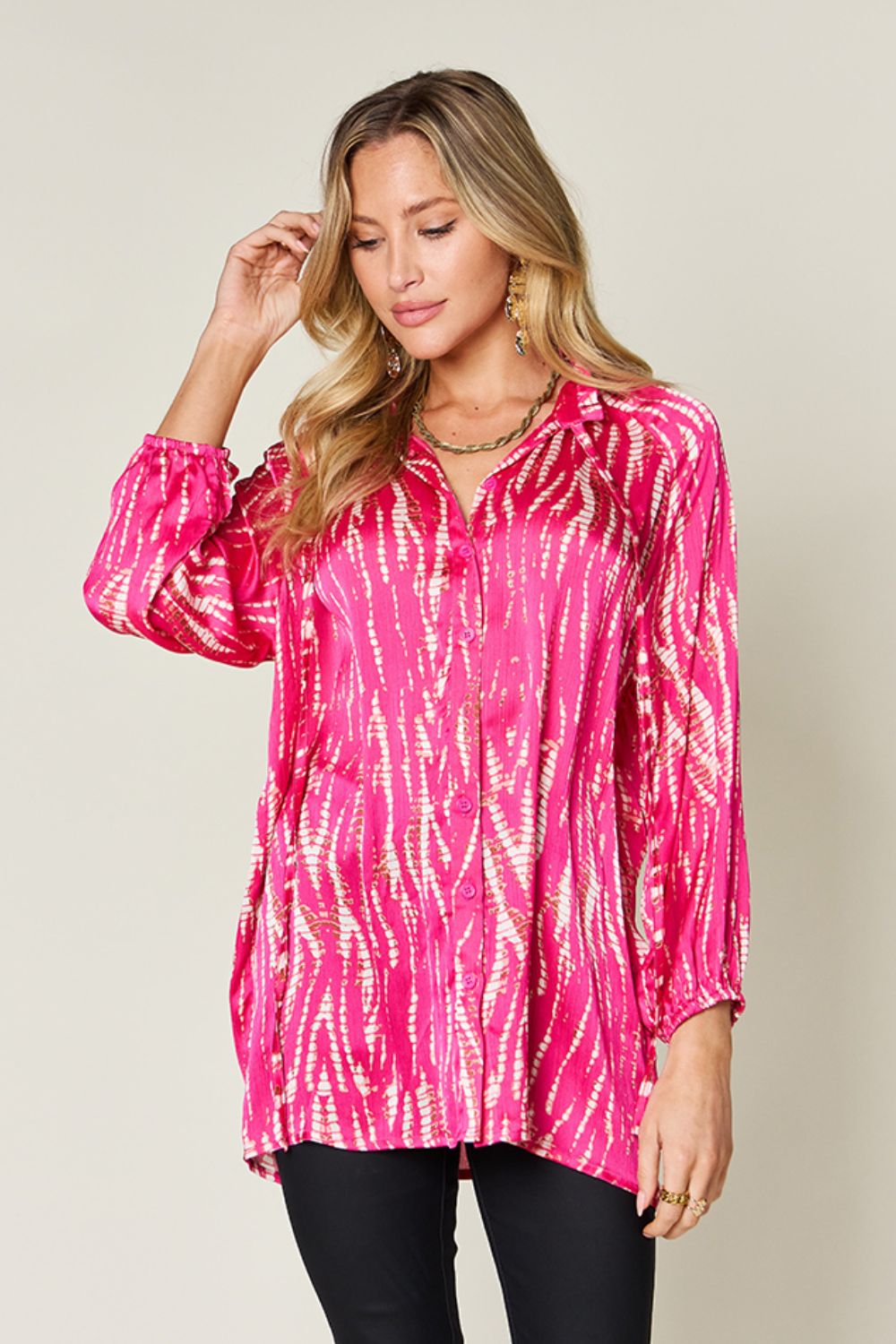Double Take Full Size Printed Button Up Long Sleeve Shirt - Hot Pink -