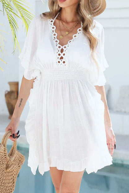 Ruffled Smocked Waist V-Neck Cover-Up - -