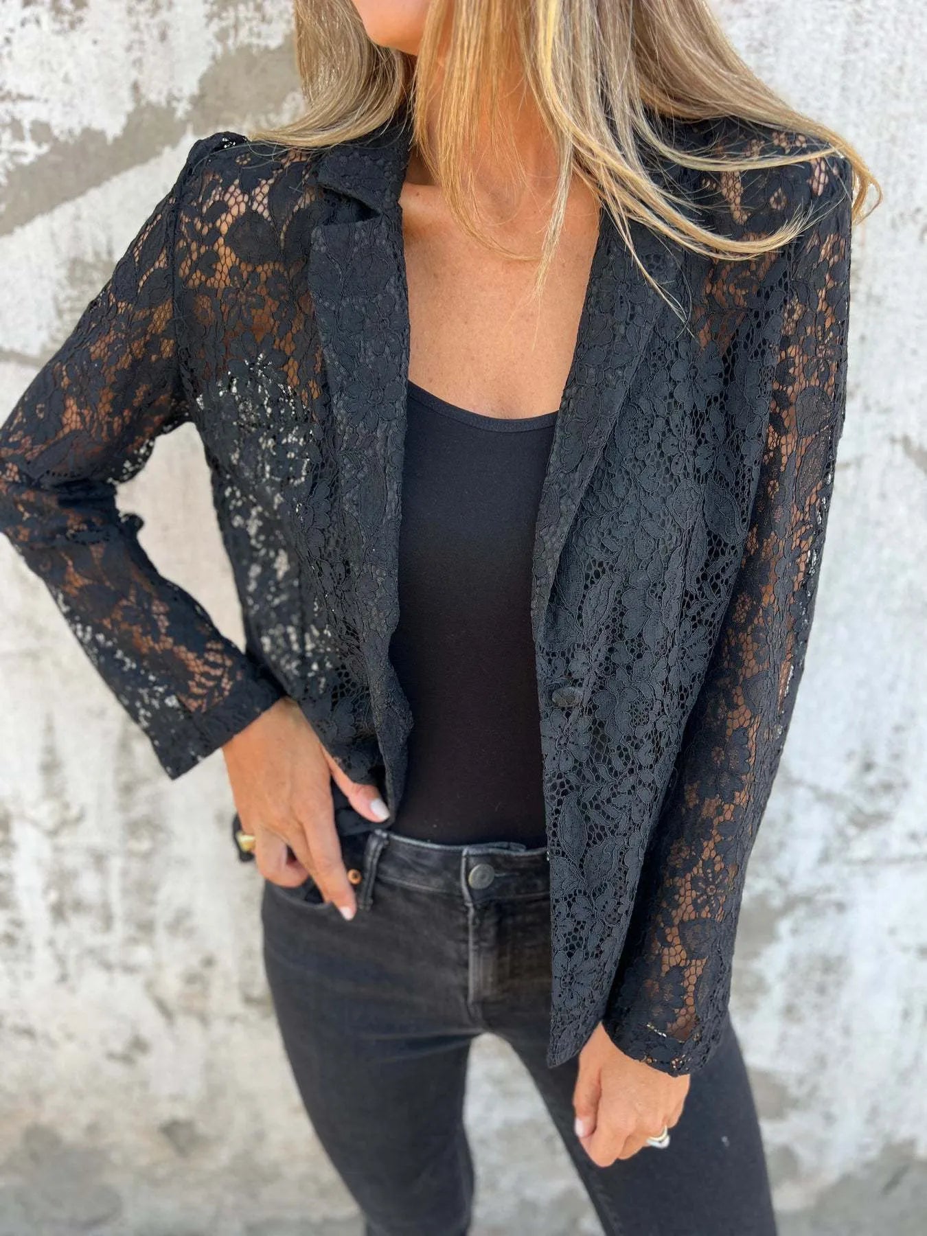 Full Size Lace Open-Front Blazer Plus Size - Black -