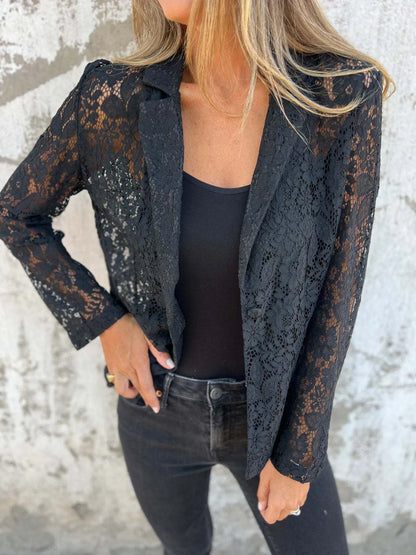 Full Size Lace Open-Front Blazer Plus Size - Black -