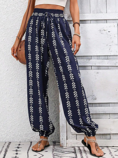 Tied Printed High Waist Pants - Dark Blue -