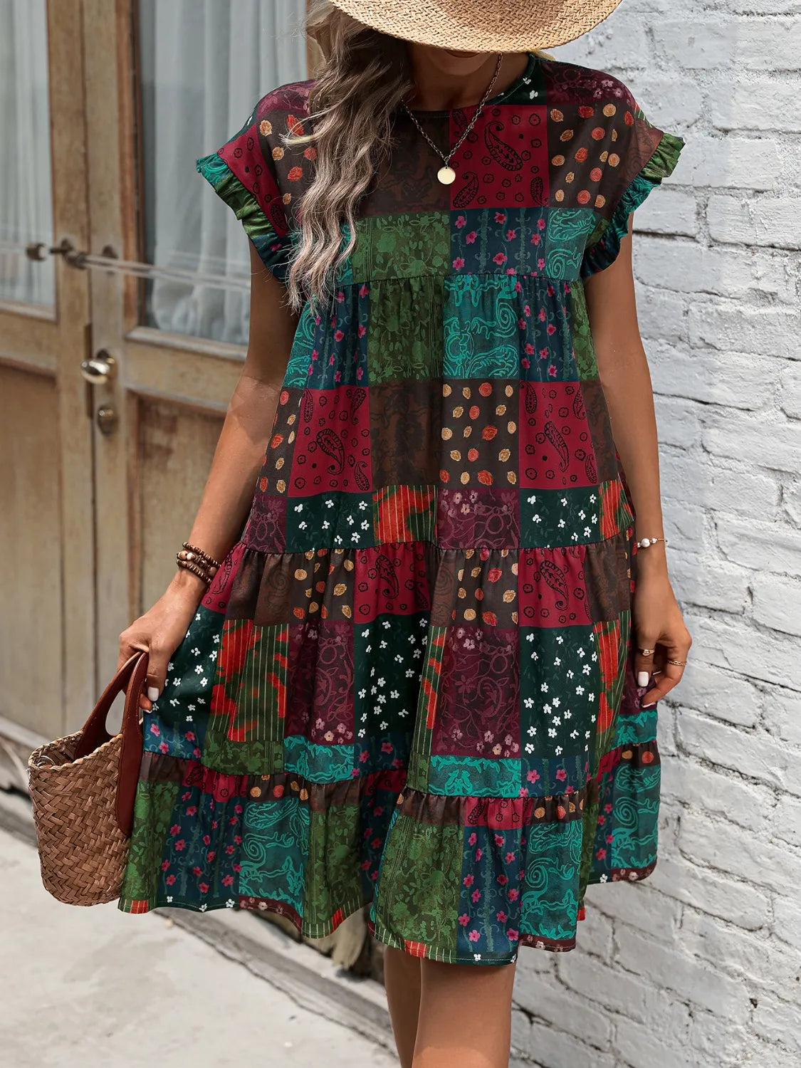 Color Block Print Short Sleeve Mini Dress - -