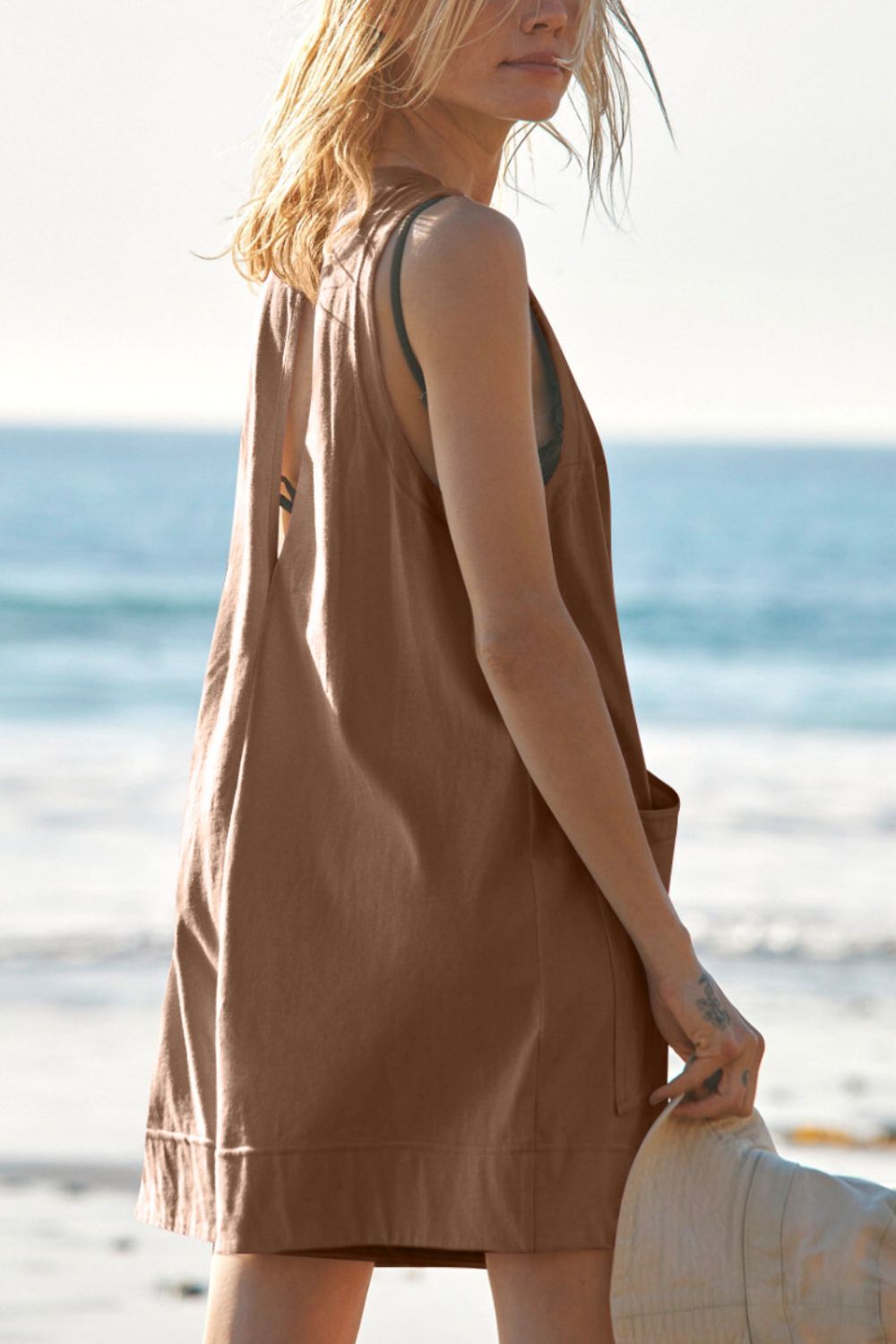 Lovelet Round Neck Sleeveless Romper with Pockets - -