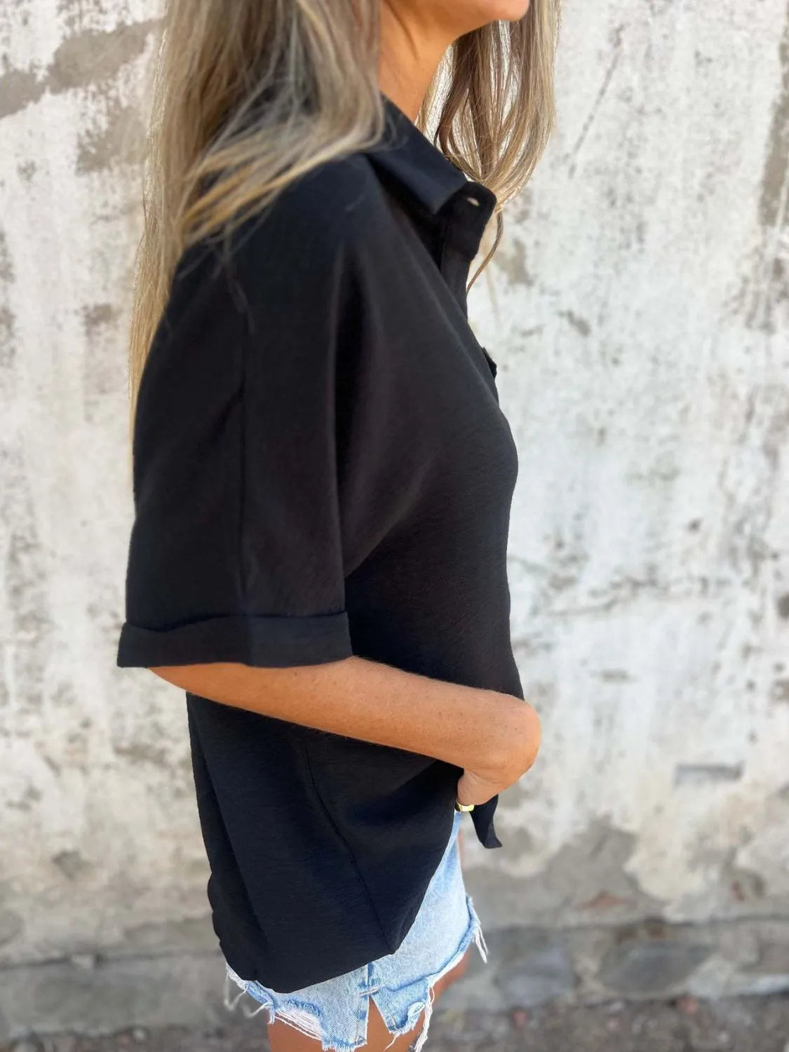 Full Size Collared Neck Half Sleeve Shirt Plus Size - -