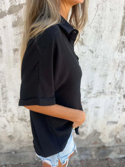 Full Size Collared Neck Half Sleeve Shirt Plus Size - -