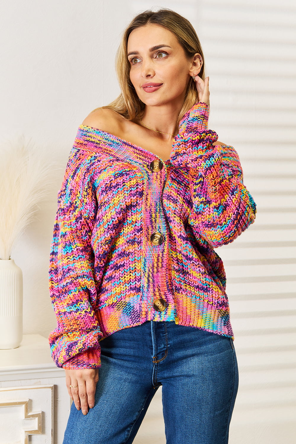 Angel Wings Woven Right V-Neck Long Sleeve Cardigan - Multicolor -