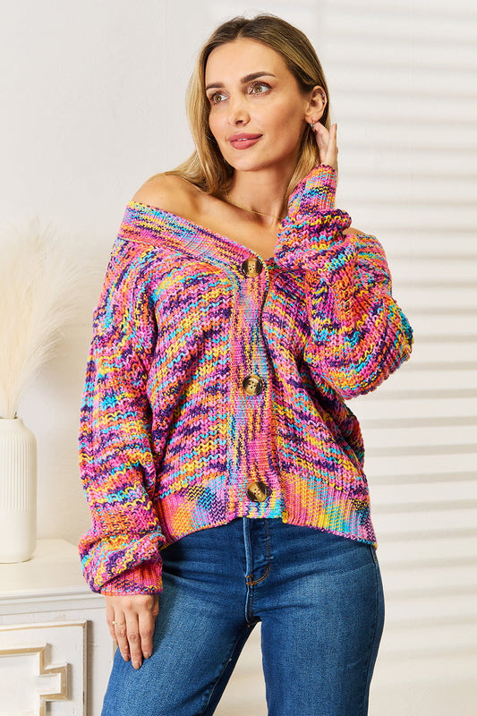 Angel Wings Woven Right V-Neck Long Sleeve Cardigan - Multicolor -