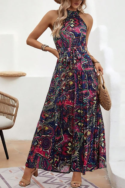 Tied Floral Sleeveless Dress - -