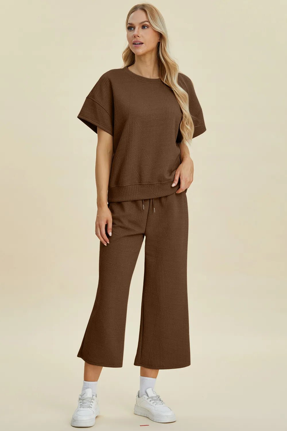 Double Take Full Size Texture Round Neck Top and Pants Set - -