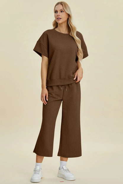 Double Take Full Size Texture Round Neck Top and Pants Set - -