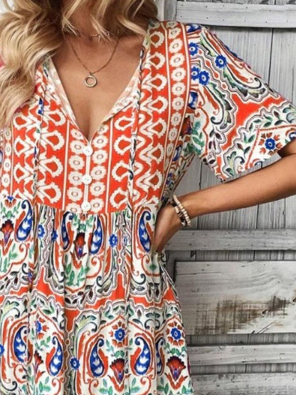 Printed Tie Neck Short Sleeve Dress - -