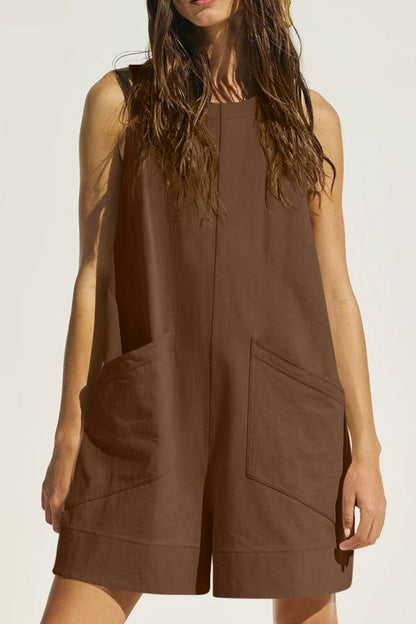 Lovelet Round Neck Sleeveless Romper with Pockets - -